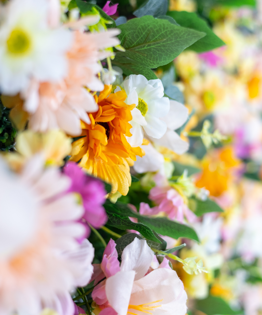 Détail d’un mur de fleurs coloré utilisé comme décor événementiel, composition florale dense et photogénique signée Le Grand Décor.