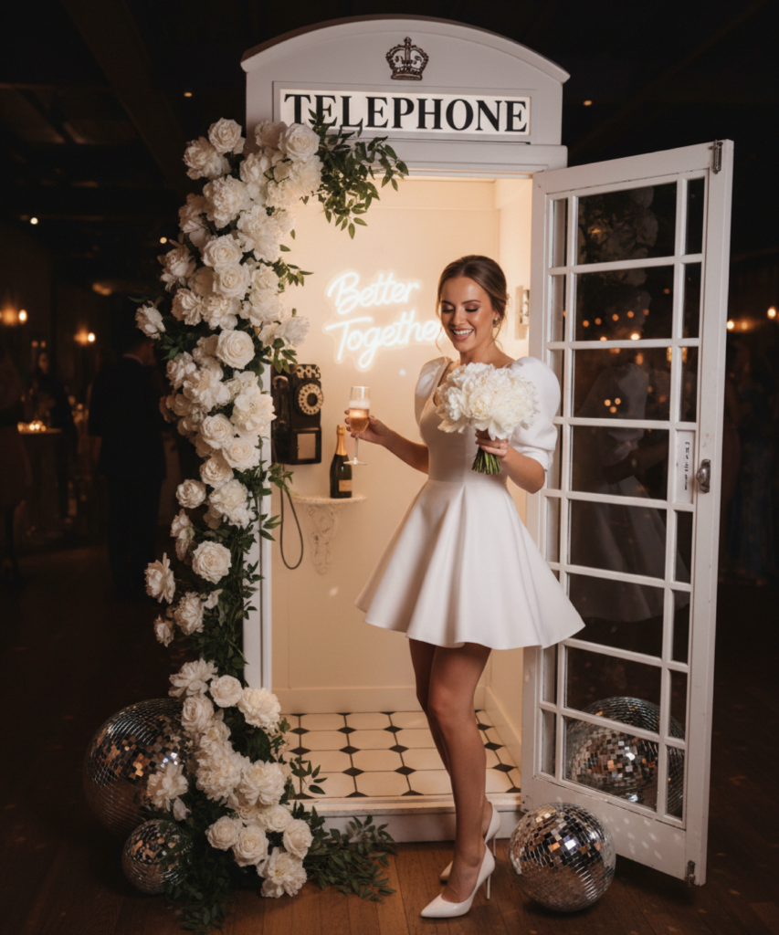 Mariée posant devant une cabine téléphonique anglaise décorée de fleurs blanches et d’un néon lumineux, utilisée comme photocall lors d’un mariage élégant.