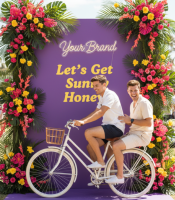 Décor événementiel avec vélo vintage scénographié servant de photocall lors d’un événement d’entreprise, installation créative et photogénique.