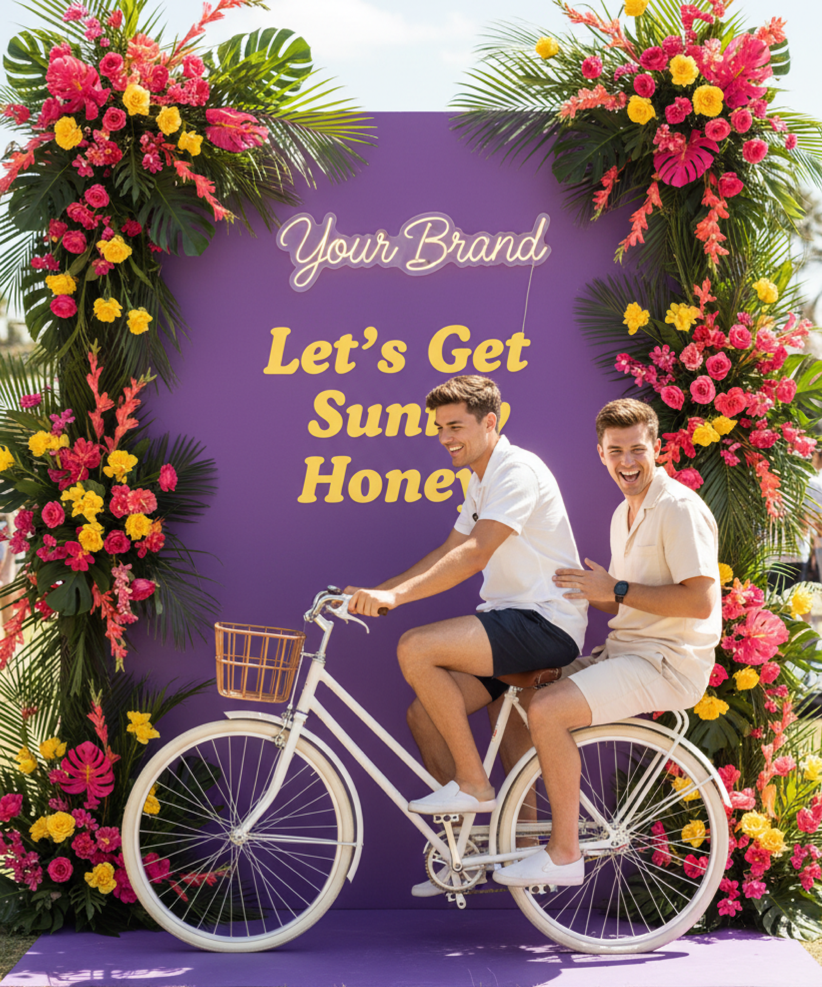 Décor événementiel avec vélo vintage scénographié servant de photocall lors d’un événement d’entreprise, installation créative et photogénique.