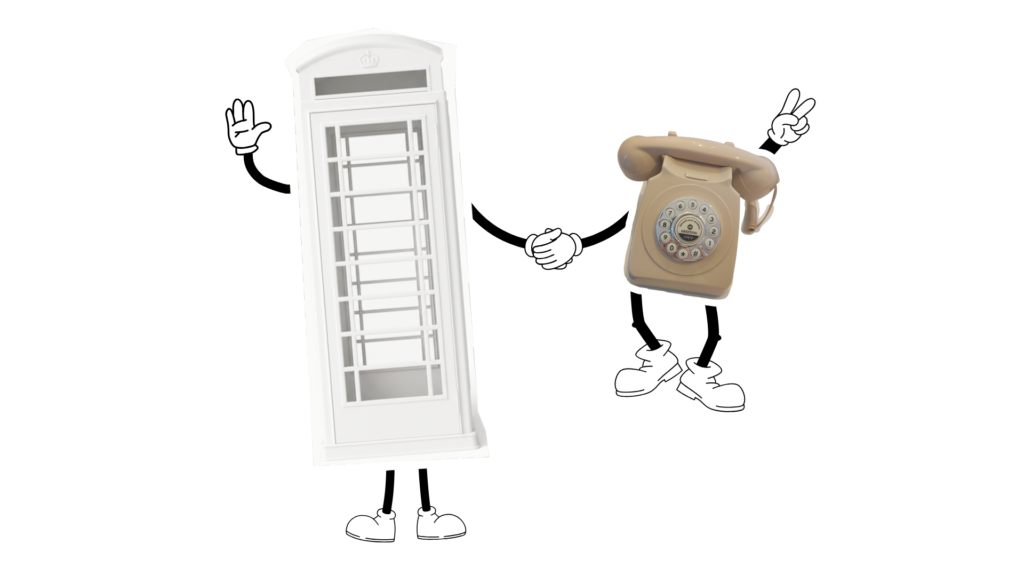 Cabine téléphonique blanche associée à un téléphone vintage livre d’or audio pour animation événementielle immersive.