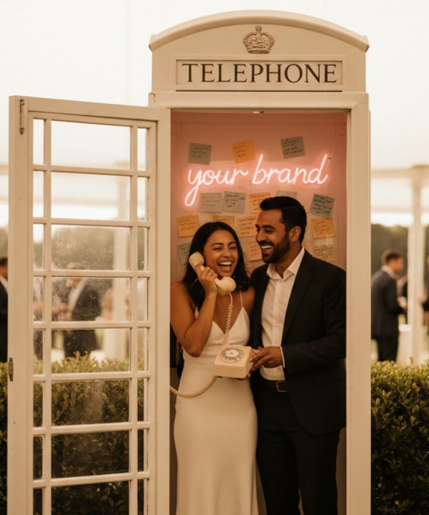Cabine téléphonique blanche avec néon personnalisé et couple utilisant un téléphone vintage lors d’un événement extérieur.