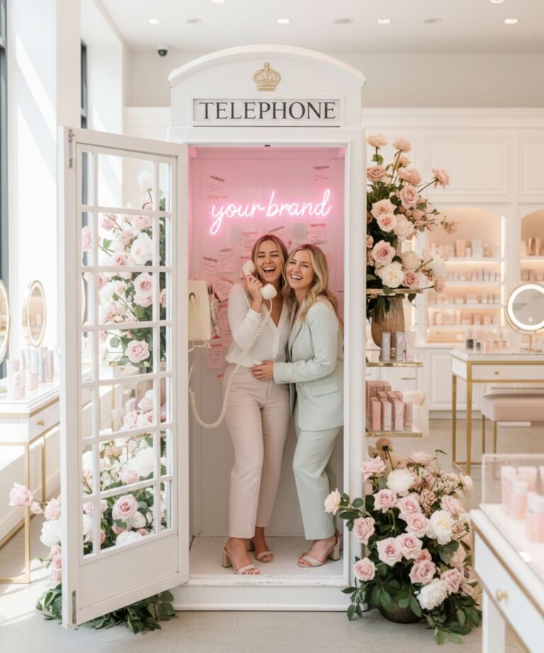 Cabine téléphonique blanche dans une boutique premium entourée de fleurs roses avec néon personnalisé.