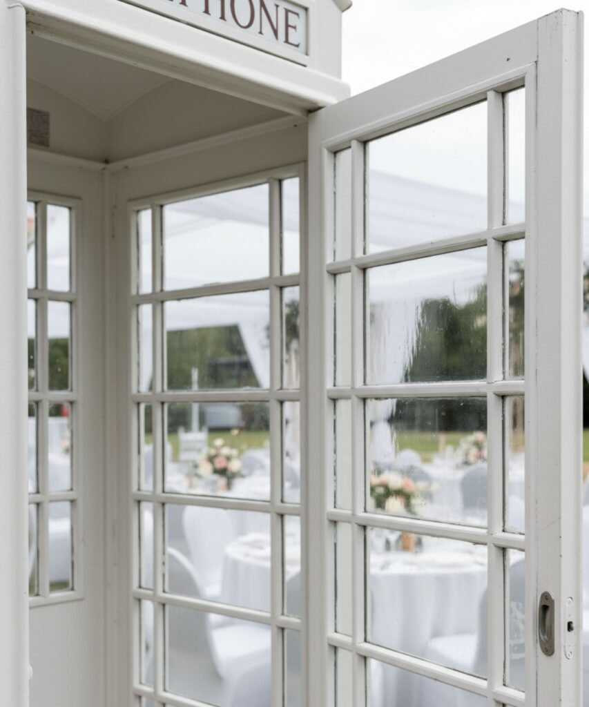 Détail de porte vitrée de cabine téléphonique blanche avec vue sur réception extérieure.