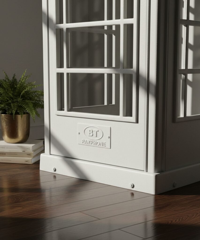 Détail bas de cabine téléphonique blanche avec plaque BT Payphone et finitions premium.