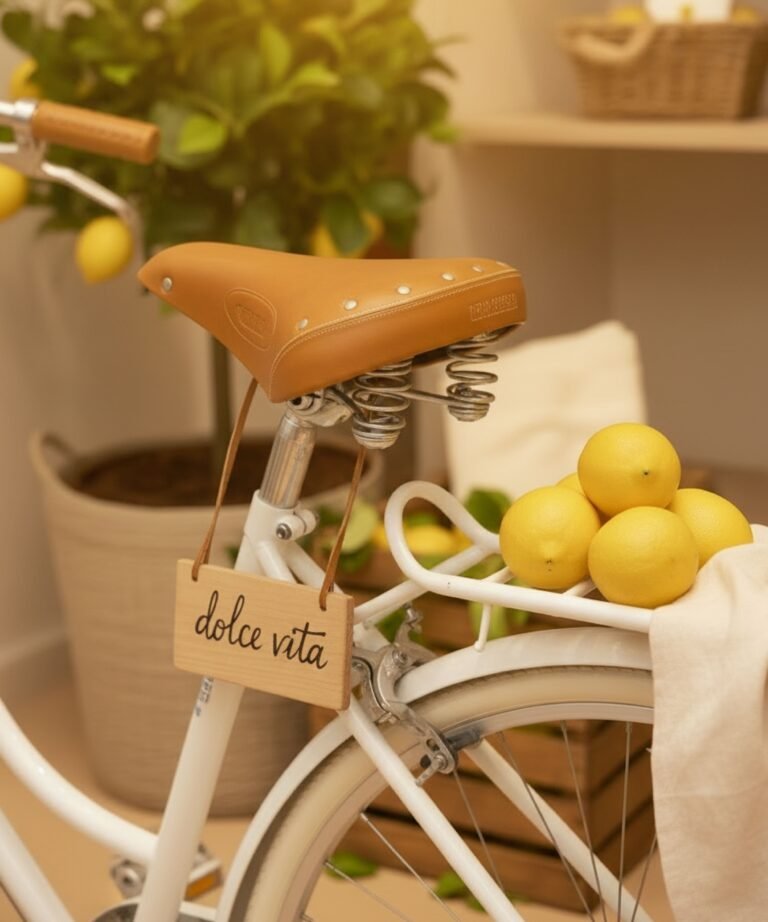 Selle cuir marron vélo vintage avec pancarte dolce vita et citrons.