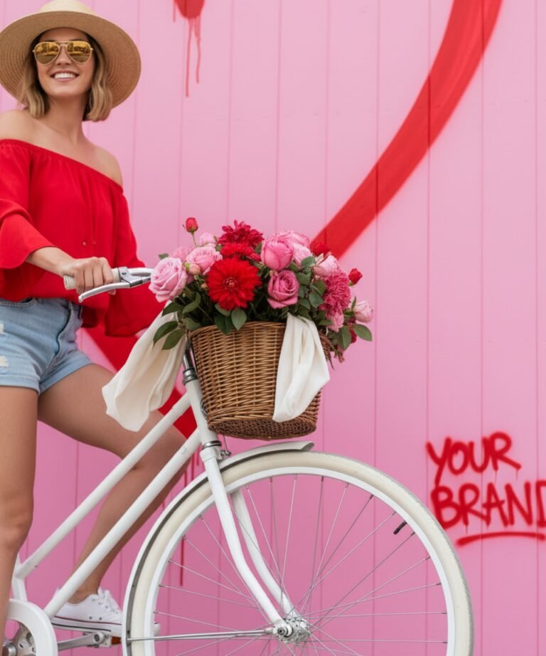 Détail vélo vintage blanc avec panier fleuri devant mur rose cœur rouge.