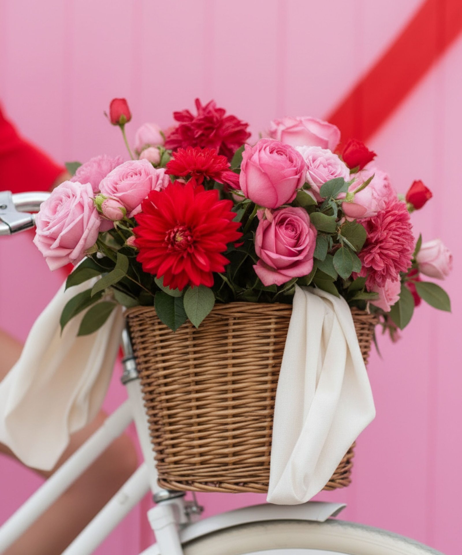 Panier en osier rempli de roses et fleurs rouges sur vélo vintage blanc.