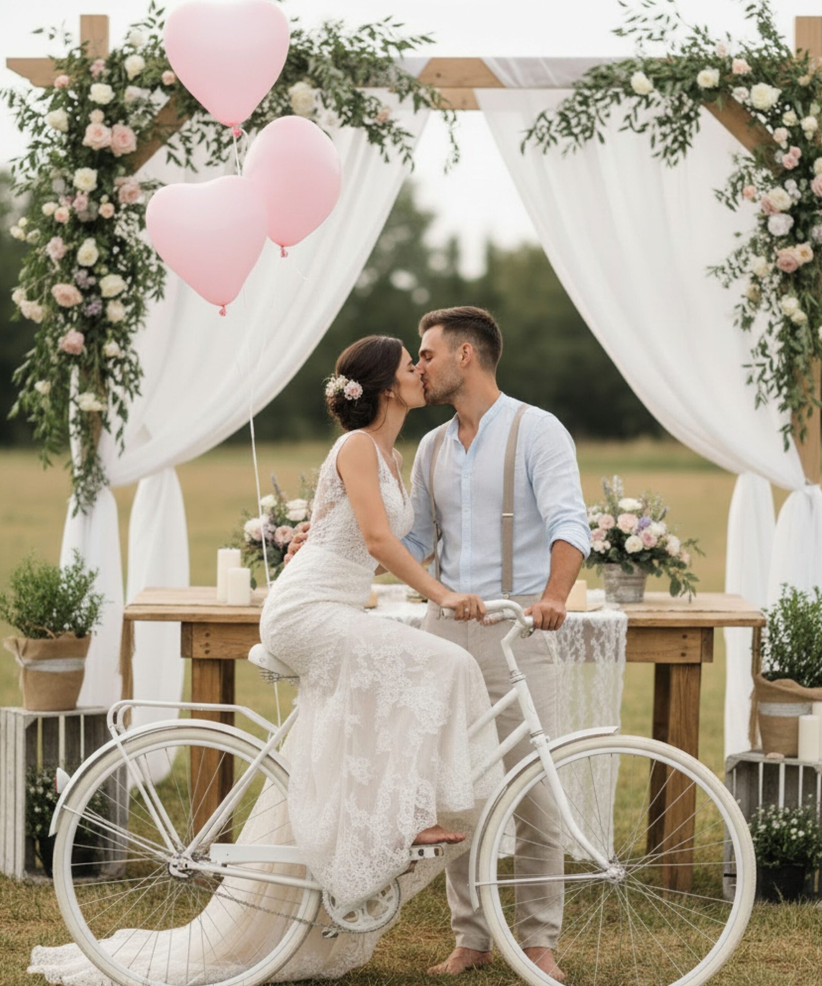 Mariés s’embrassant sur vélo vintage blanc lors d’une cérémonie champêtre.