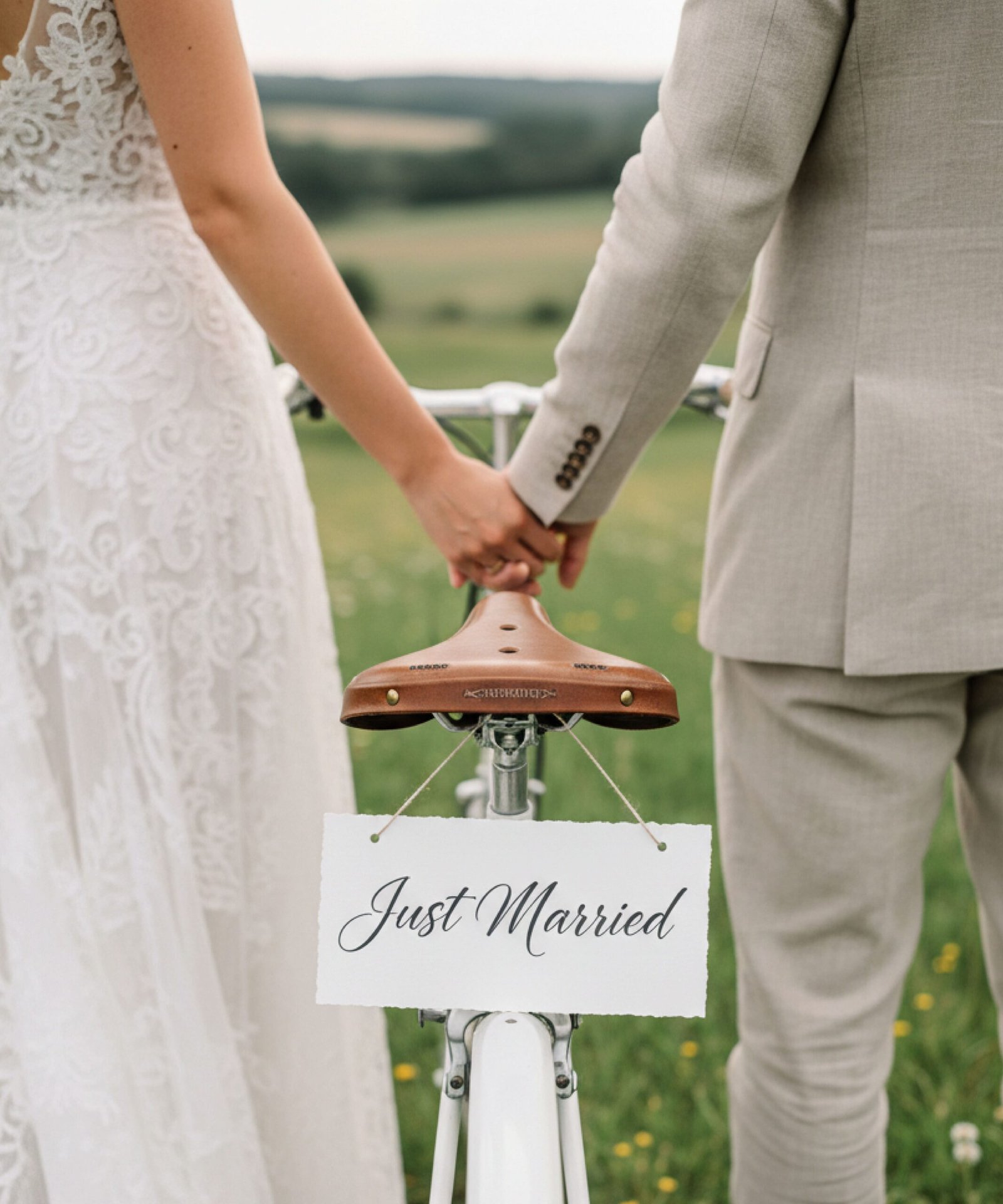Pancarte Just Married accrochée à vélo vintage blanc tenue par les mariés.