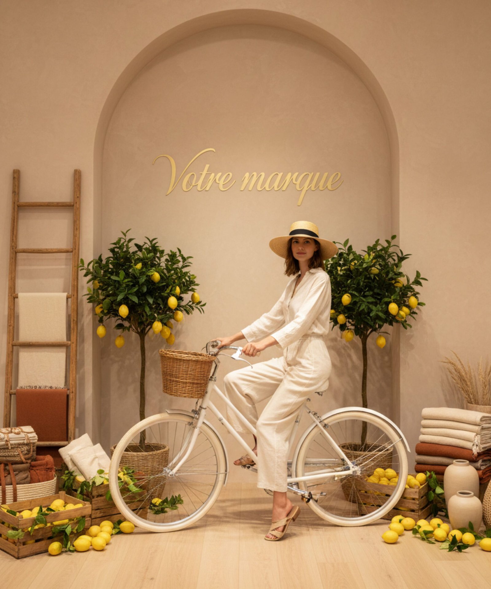 Vélo vintage blanc décor citronnier ambiance dolce vita avec mention votre marque.