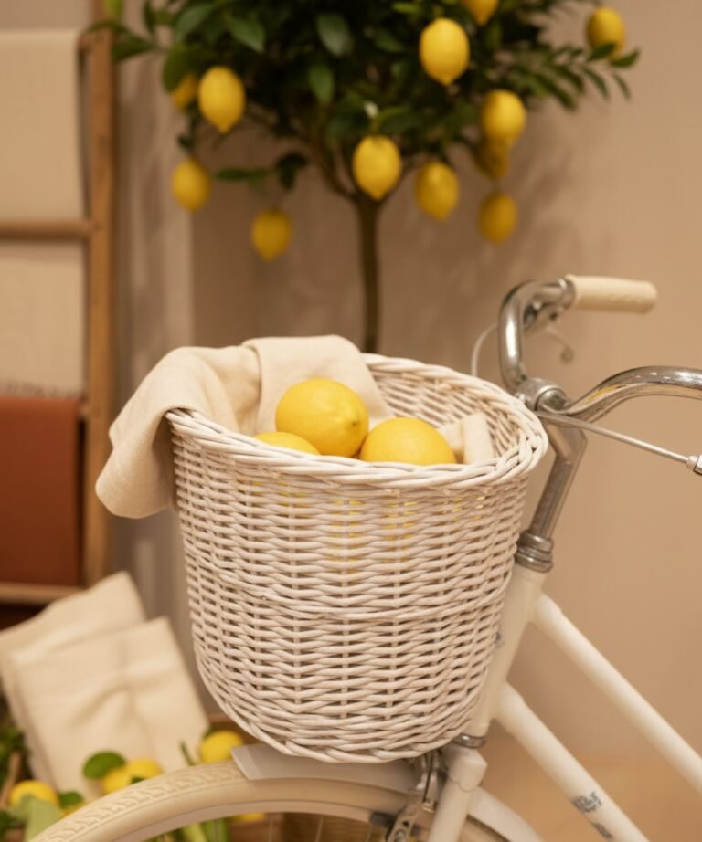 Panier blanc rempli de citrons sur vélo vintage décor événementiel.