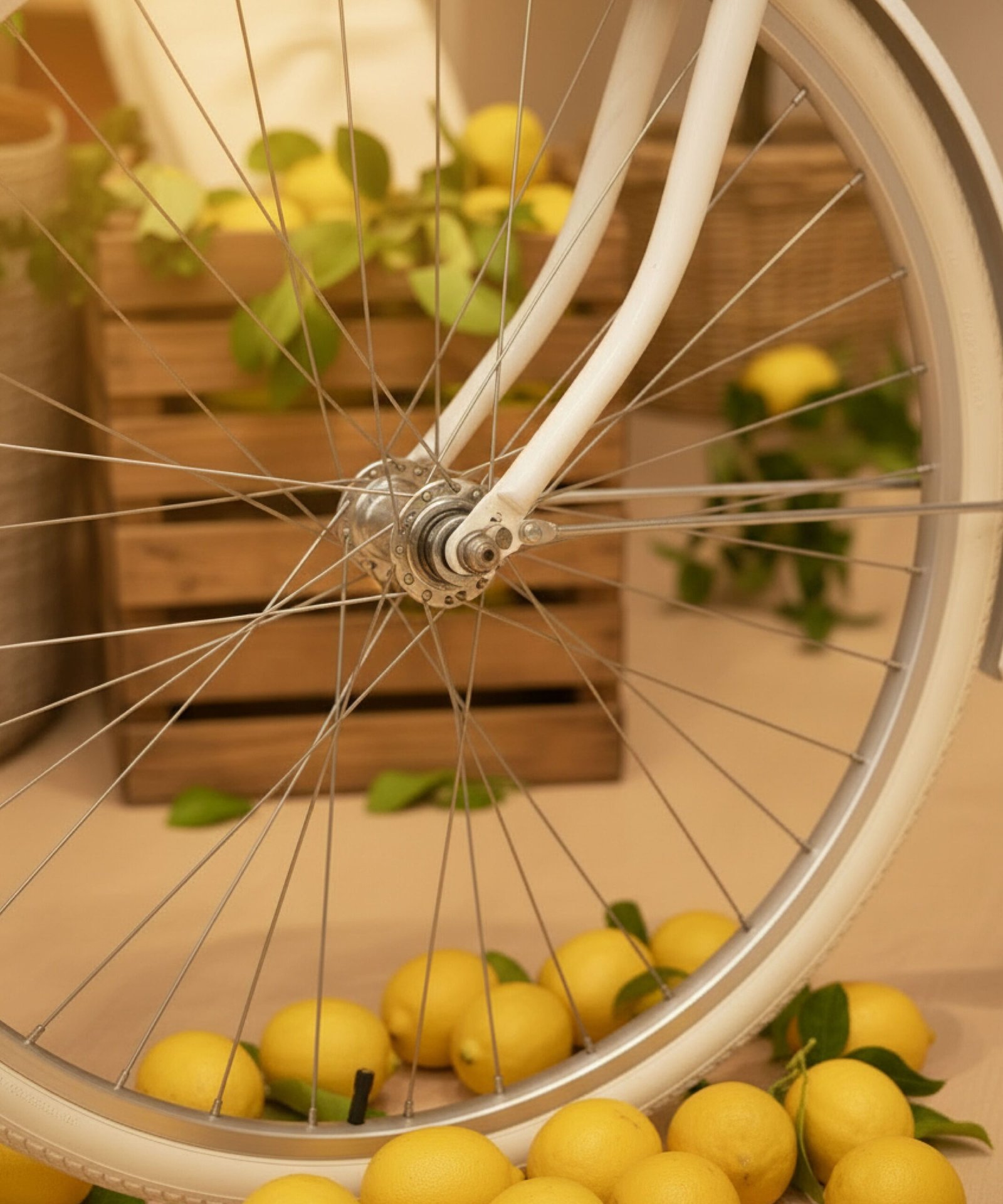 Roue vélo vintage blanc entourée de citrons au sol décoration événementielle.