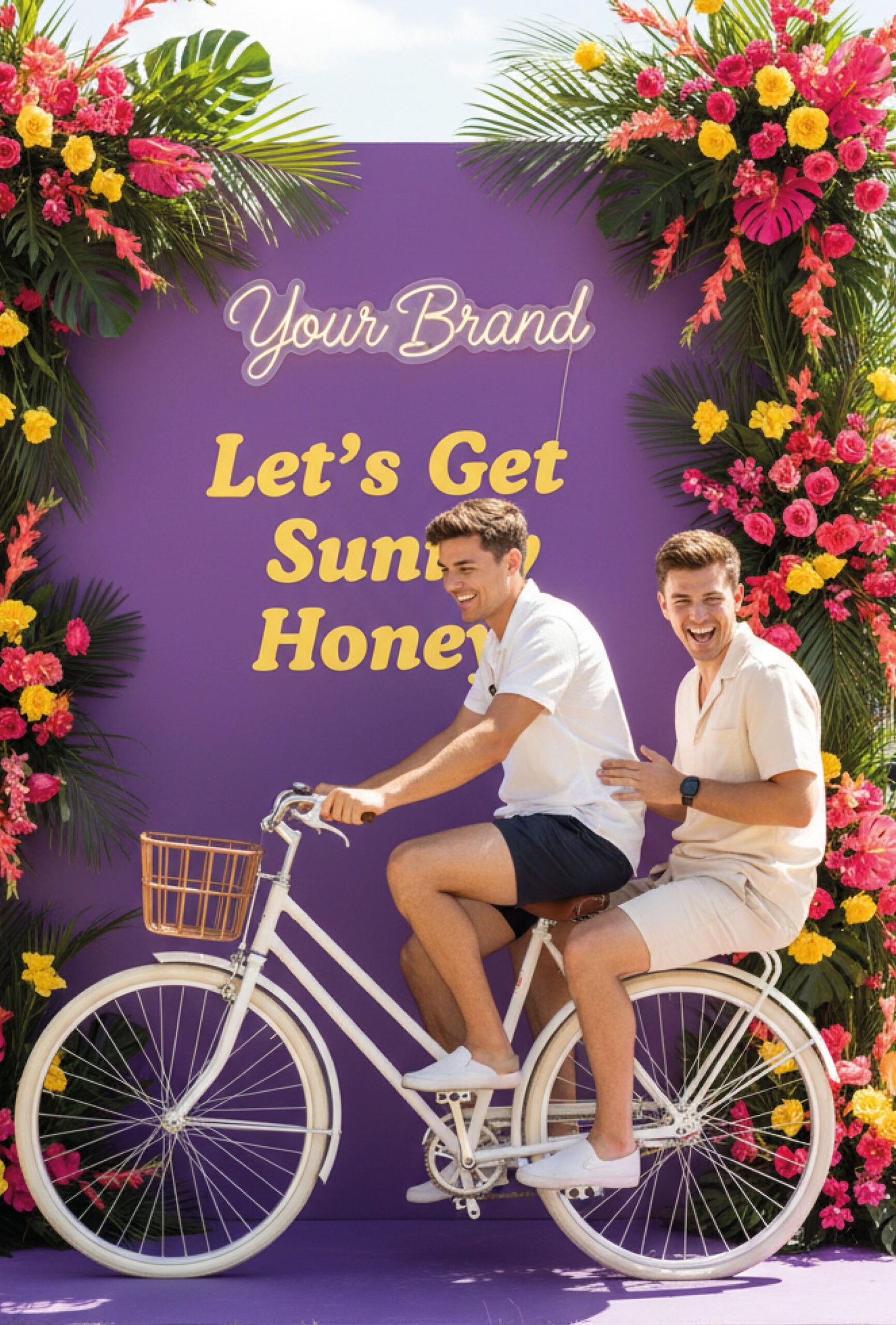 Décor événementiel avec vélo vintage scénographié servant de photocall lors d’un événement d’entreprise, installation créative et photogénique.