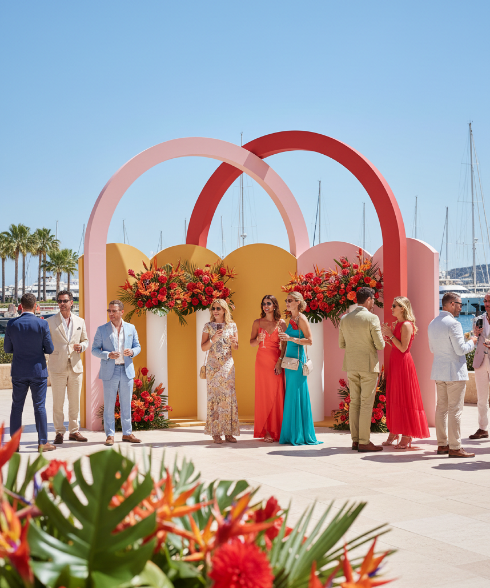 Photocall arche colorée XXL avec compositions florales lors d’un événement en bord de mer.