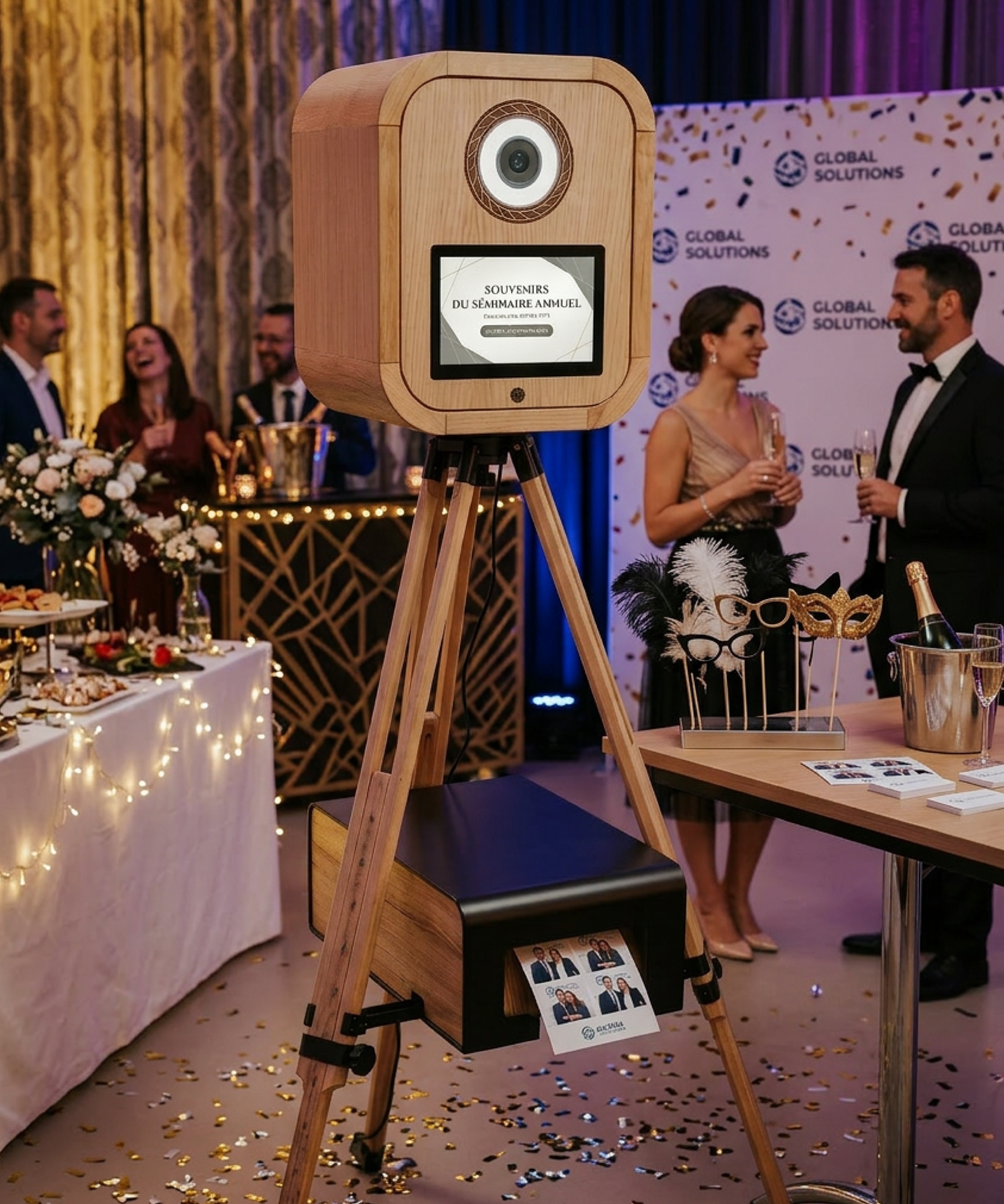 Photobooth en bois sur trépied lors d’un événement corporate avec invités en tenue élégante.