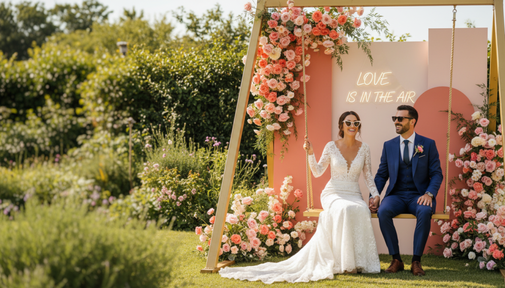 Mariés assis sur balançoire dorée décorée de fleurs avec néon “Love is in the air” dans jardin de réception.