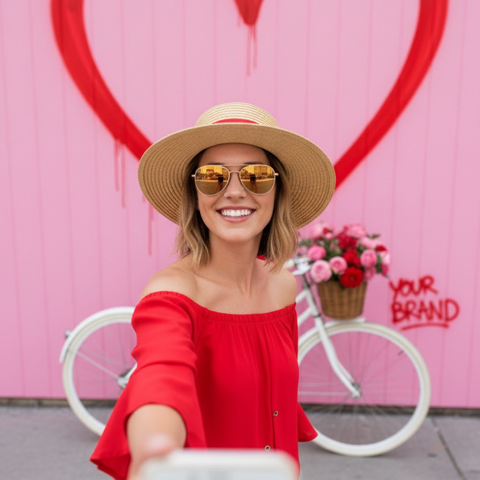 Femme prenant un selfie devant vélo vintage blanc et mur rose avec cœur rouge personnalisé.
