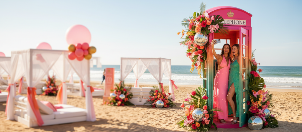 Cabine téléphonique colorée décorée de fleurs sur plage avec deux femmes prenant un selfie lors d’un événement.