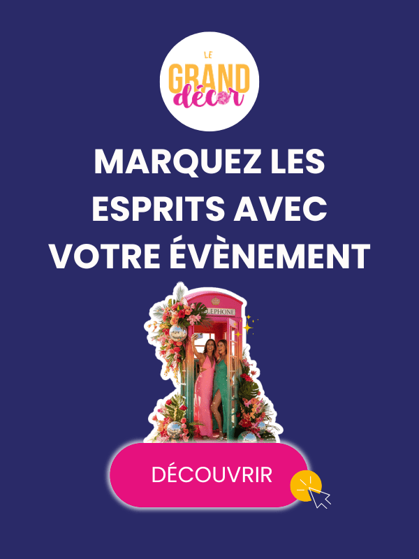 Bannière Le Grand Décor présentant décor cabine téléphonique pour événement.