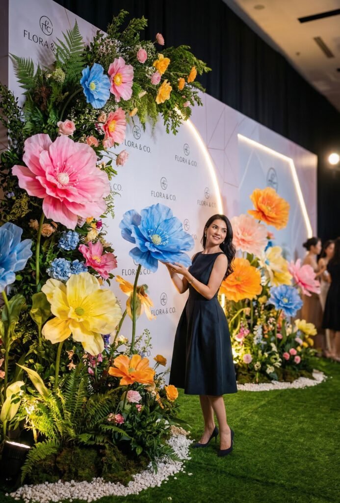 Mur événementiel avec fleurs géantes colorées et branding Flora & Co pour espace photo.