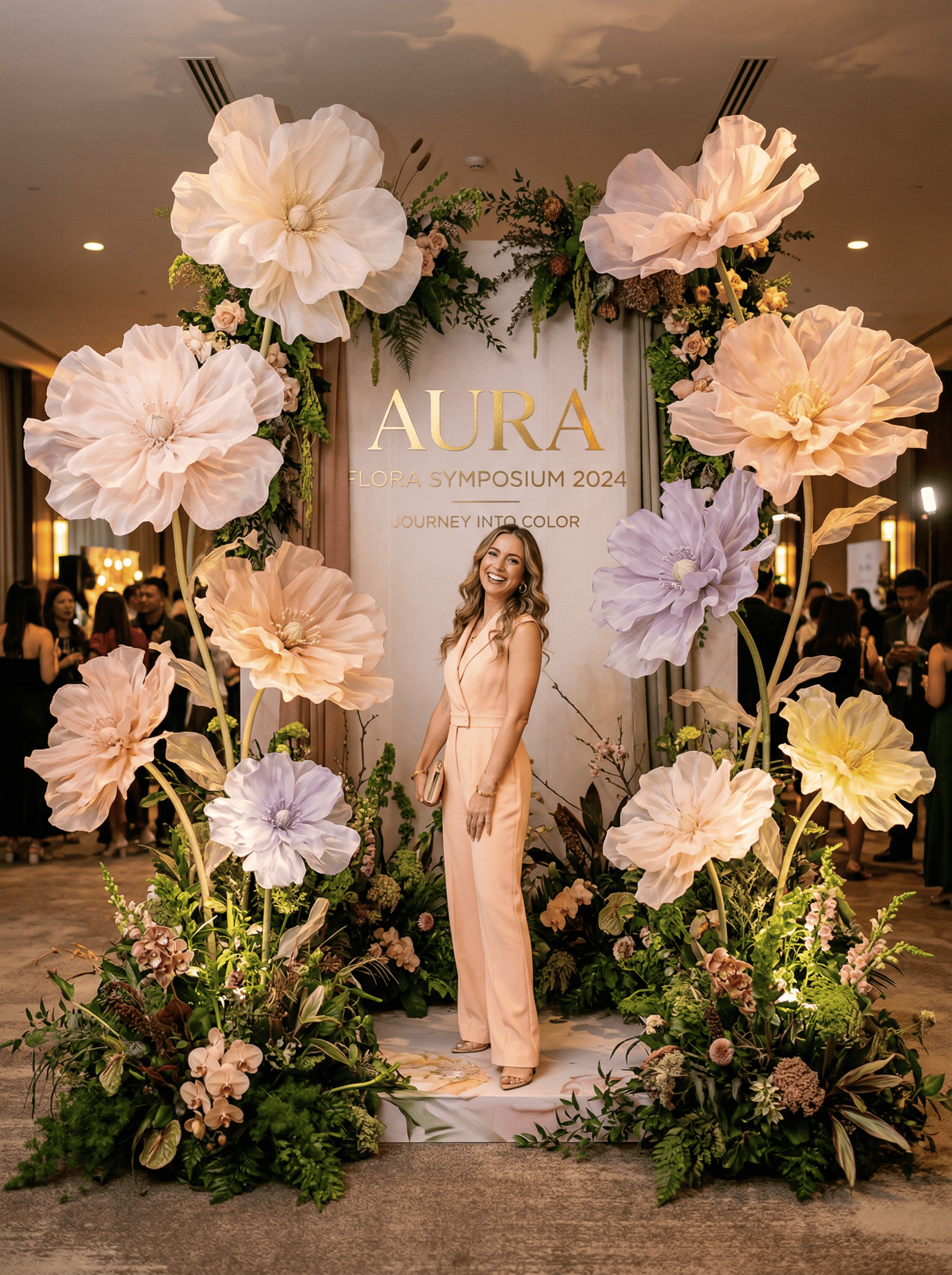 Décor événementiel avec fleurs géantes pastel et espace photo pour symposium floral.