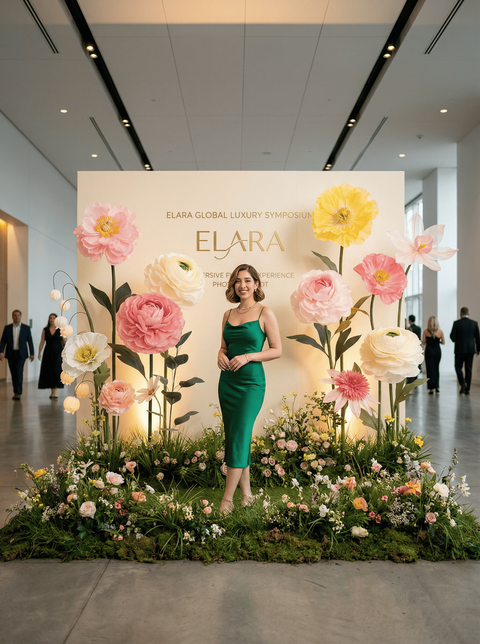 Mur événementiel avec fleurs géantes et décor floral pour photo lors d’un symposium.