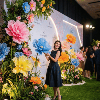 Mur événementiel avec fleurs géantes colorées et branding Flora & Co pour espace photo.