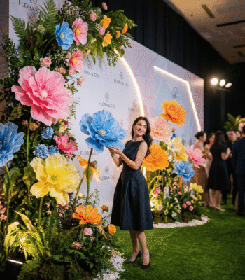 Mur événementiel avec fleurs géantes colorées et branding Flora & Co pour espace photo.