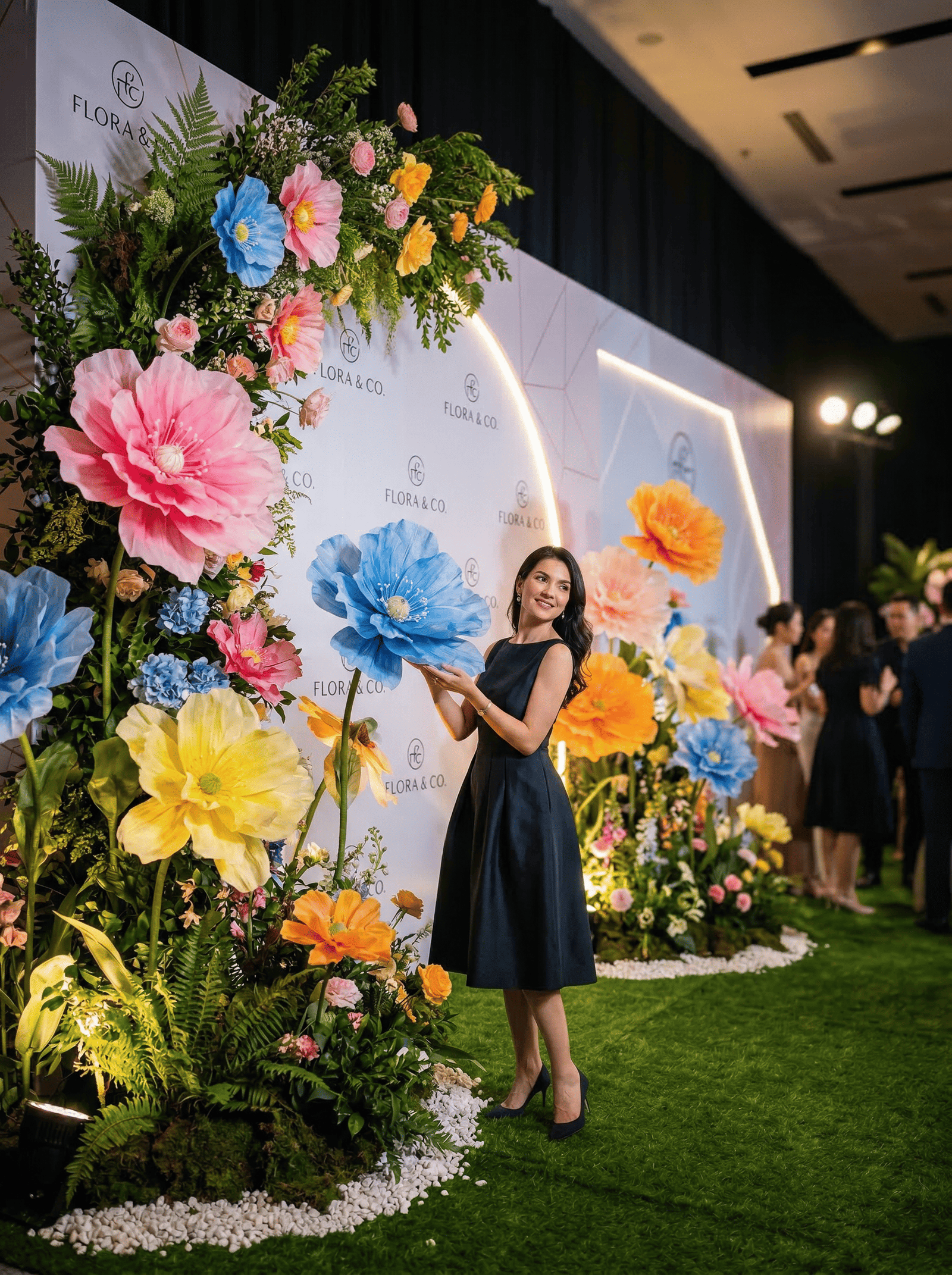 Mur événementiel avec fleurs géantes colorées et branding Flora & Co pour espace photo.