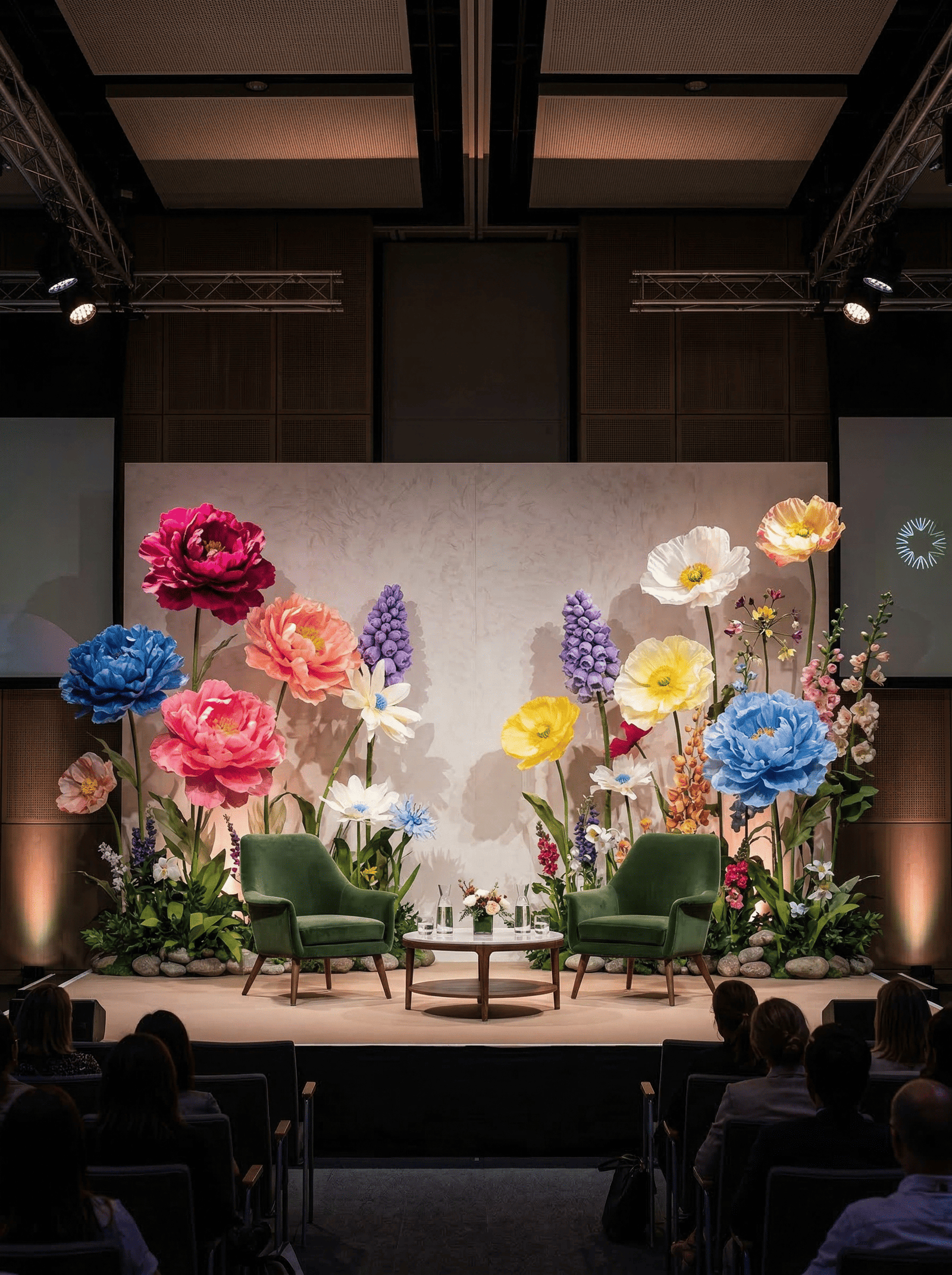 Scène de conférence décorée avec fleurs géantes colorées et fauteuils pour discussion.