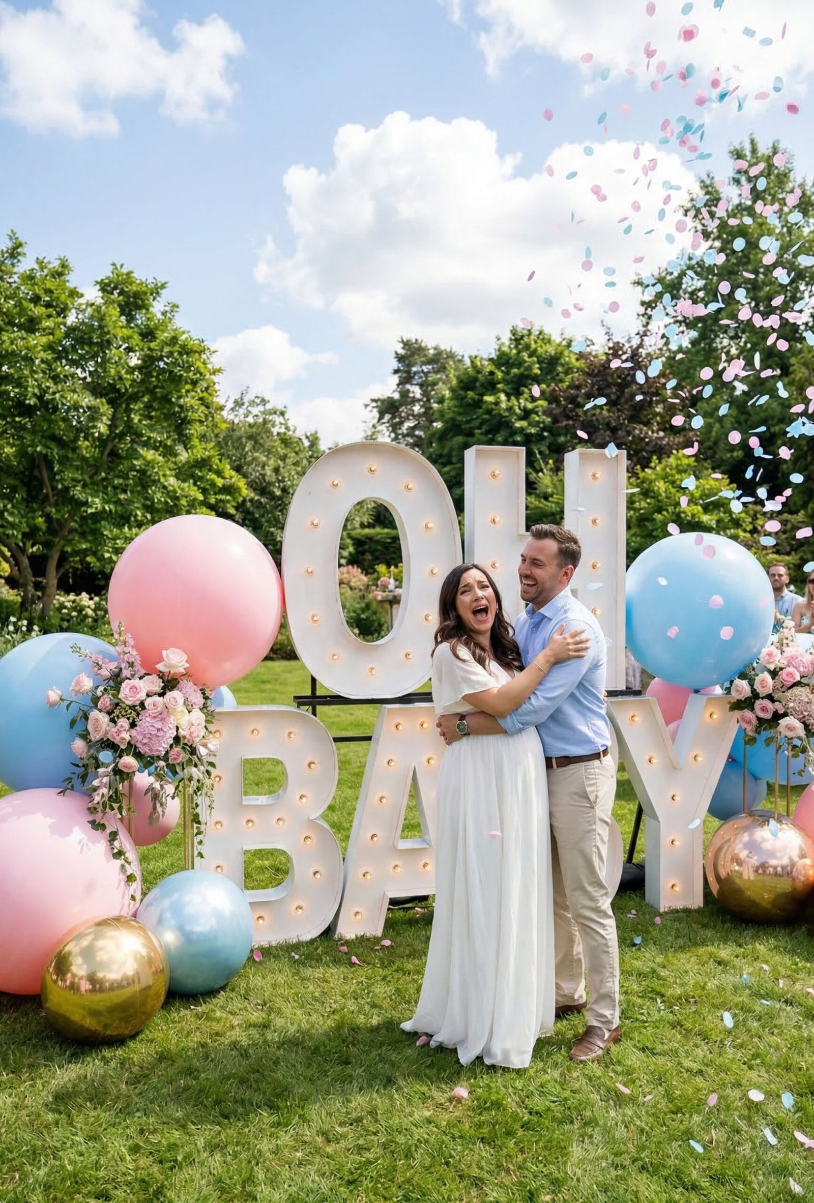 Lettres lumineuses OH BABY pour baby shower en extérieur.