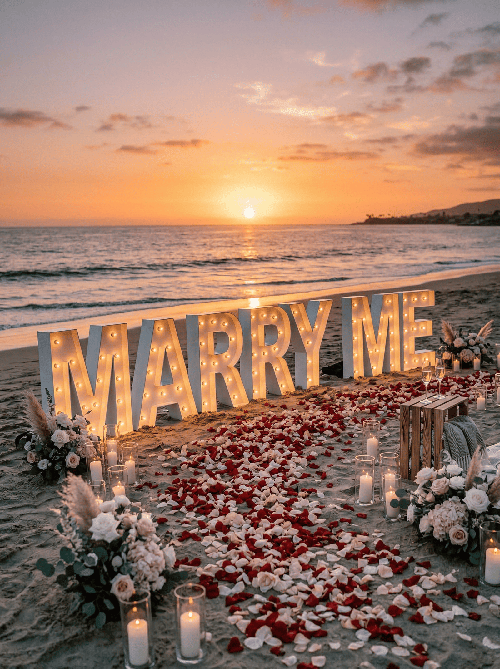 Lettres lumineuses MARRY ME pour demande en mariage sur la plage.