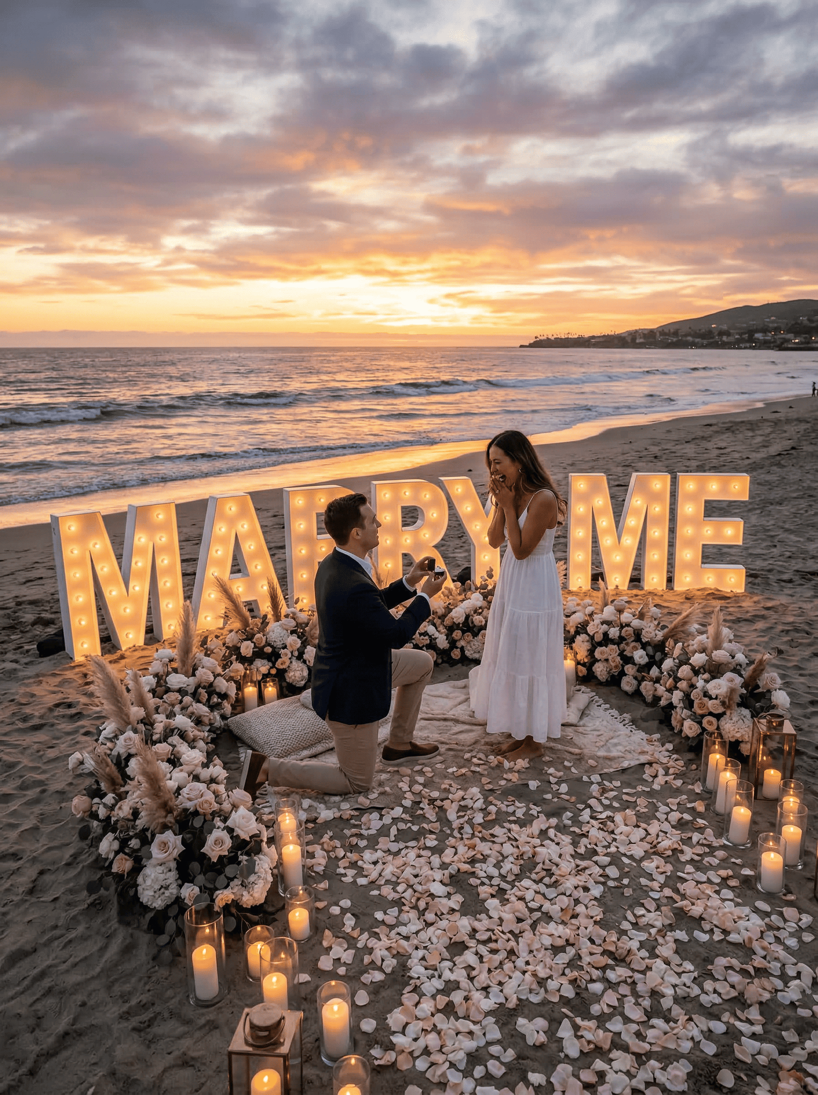 Demande en mariage sur la plage avec lettres lumineuses MARRY ME.
