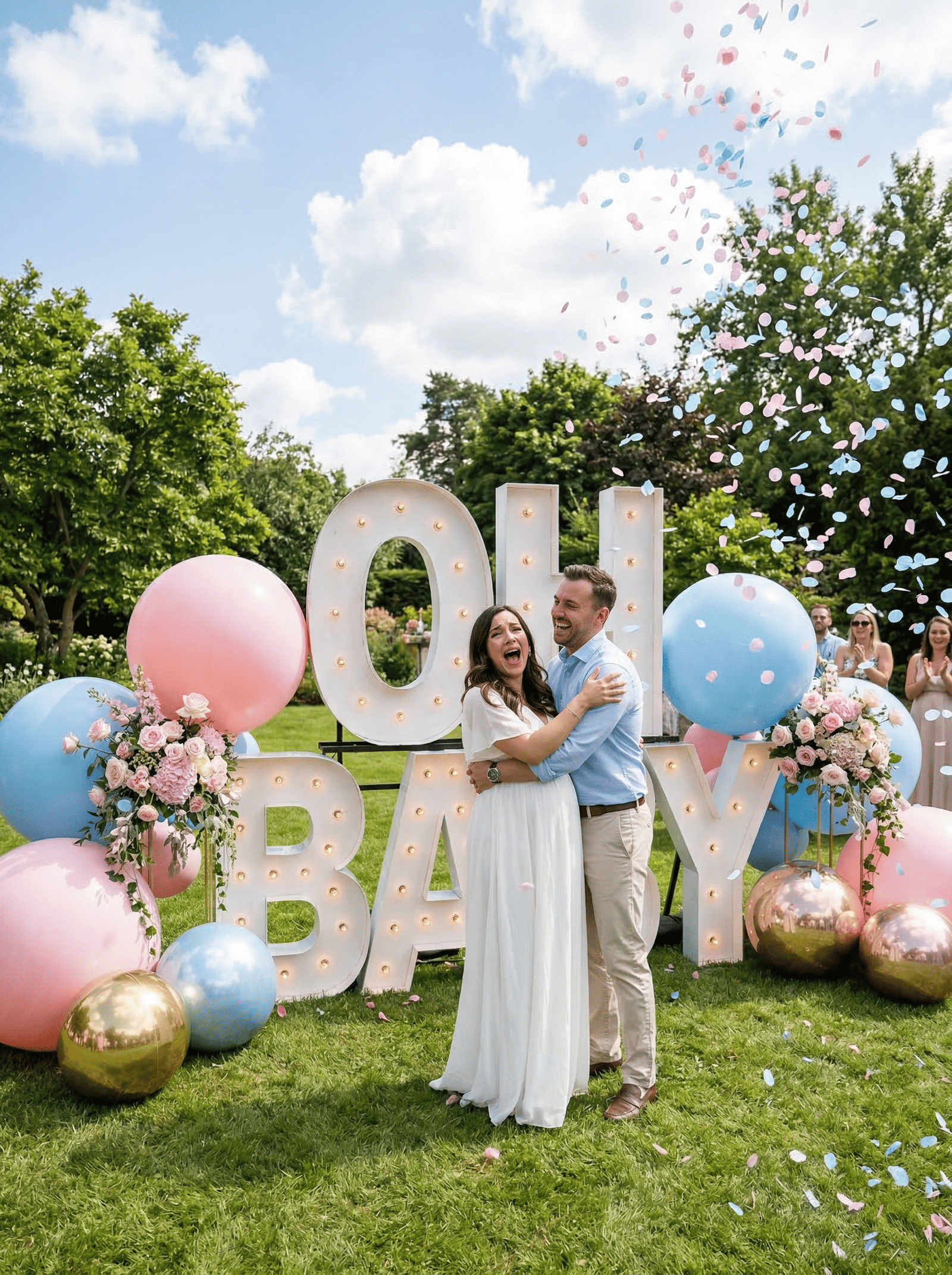 Lettres lumineuses OH BABY pour baby shower en extérieur.