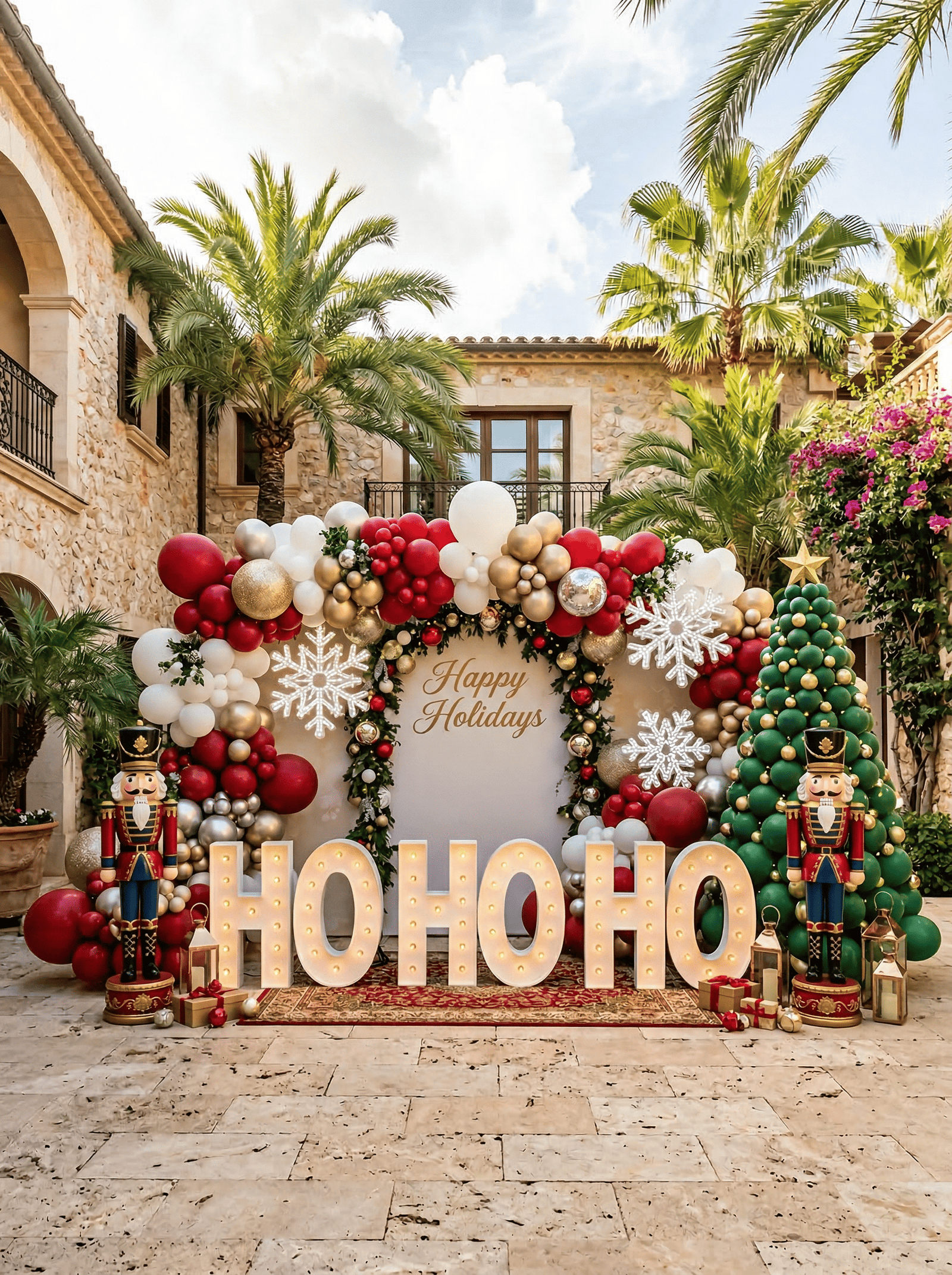 Décor de Noël avec lettres lumineuses HO HO HO pour événement.