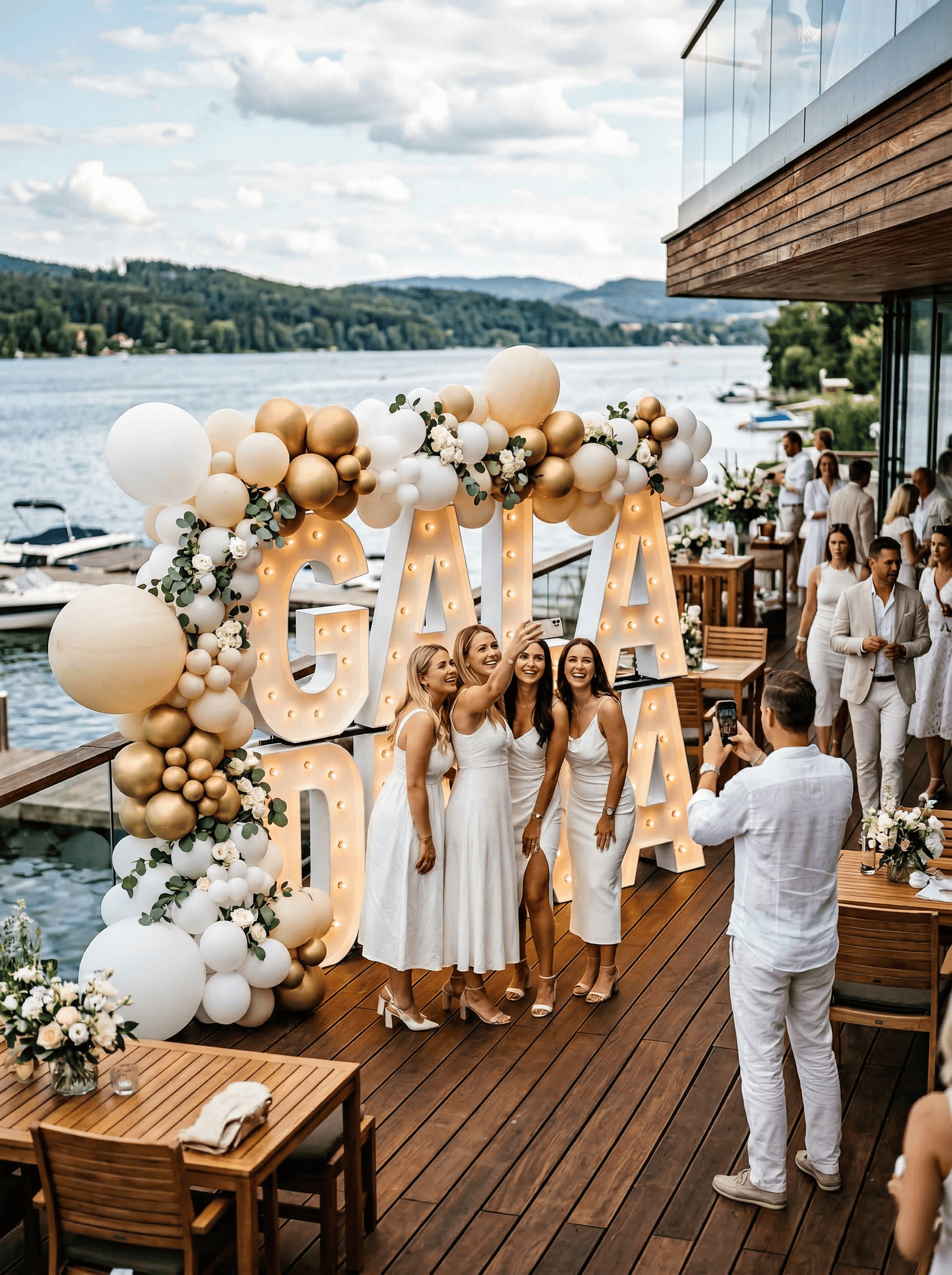 Lettres géantes lumineuses GALA pour événement au bord de l’eau.