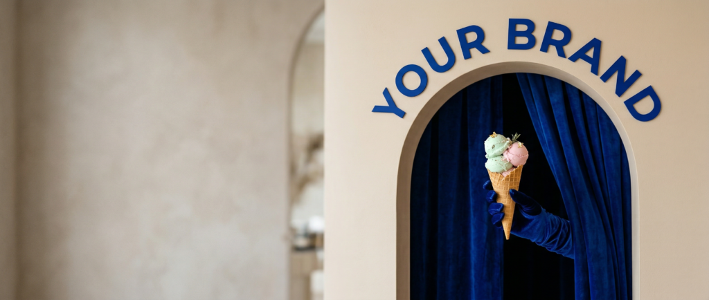 Arche scénographiée avec inscription “Your Brand” et main gantée tenant une glace.
