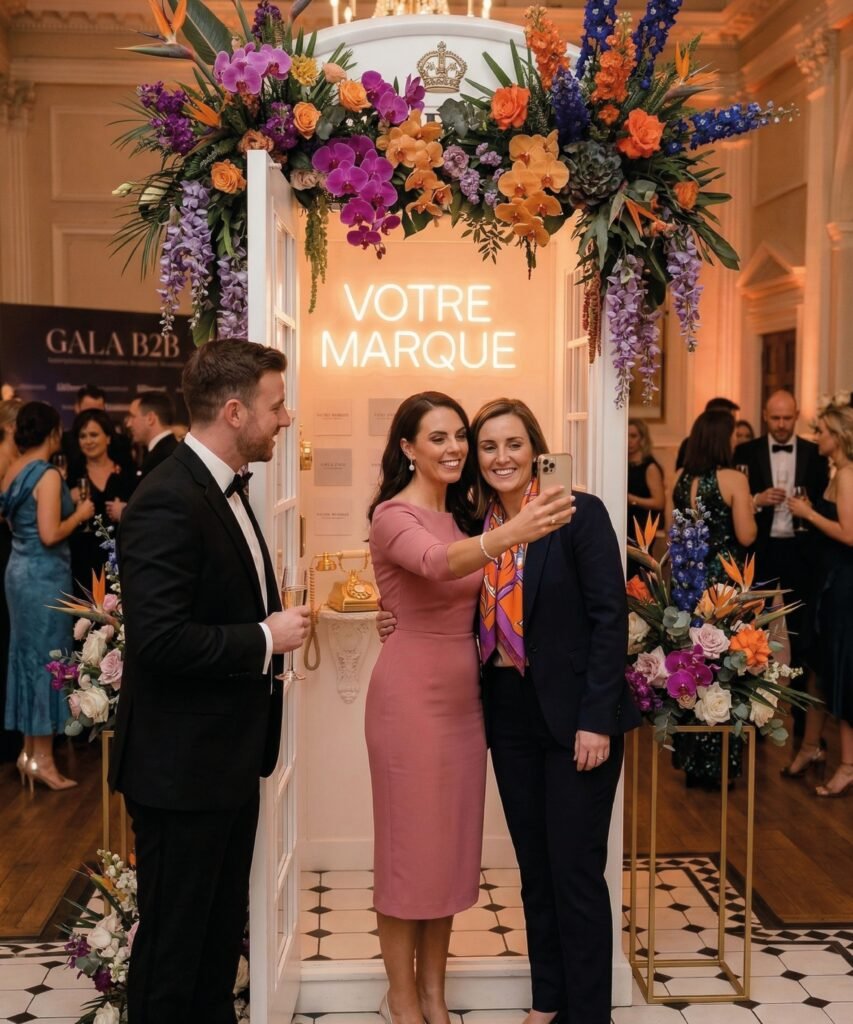 Cabine téléphonique blanche personnalisée avec enseigne néon pour événement d'entreprise, décorée de fleurs exotiques et utilisée comme photobooth lors d'un gala.