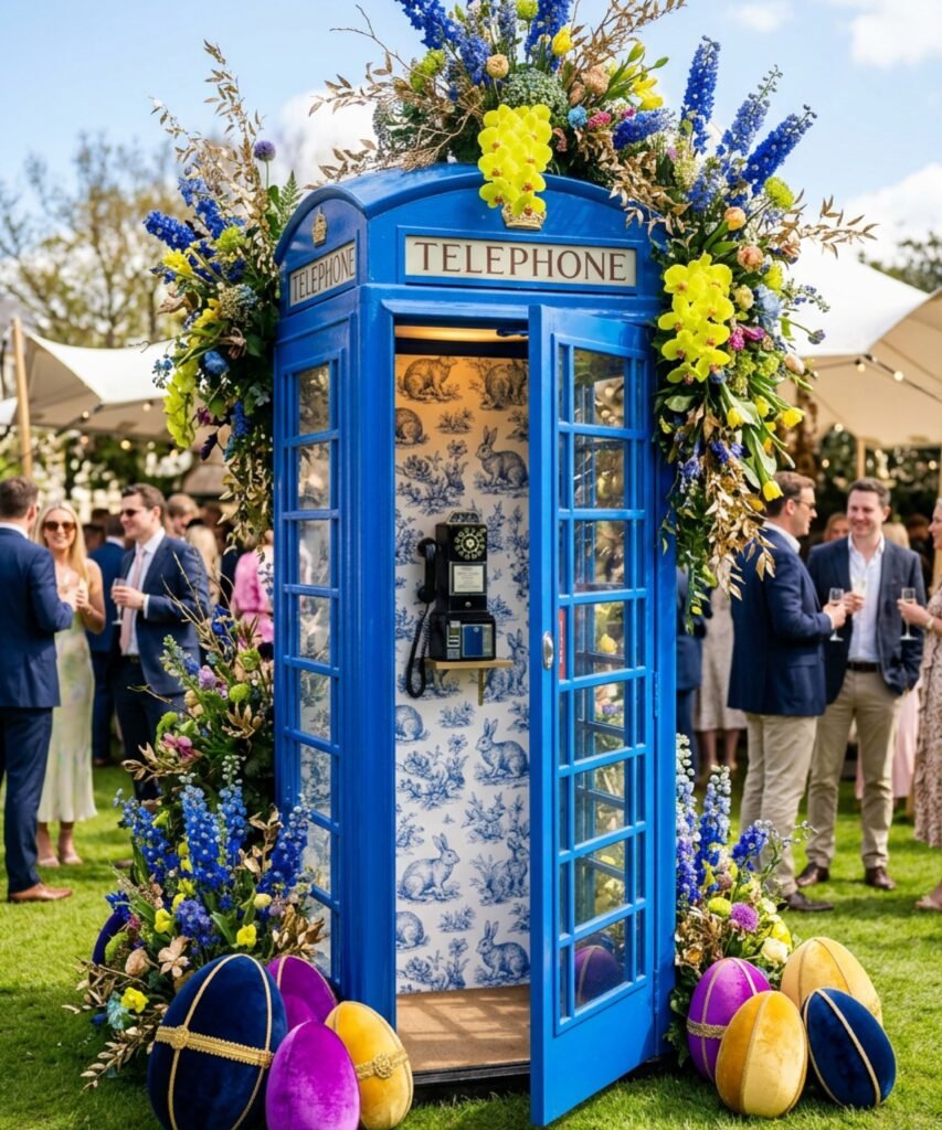 Cabine téléphonique bleue décorée pour Pâques avec fleurs printanières et œufs géants en velours lors d'un événement en plein air.