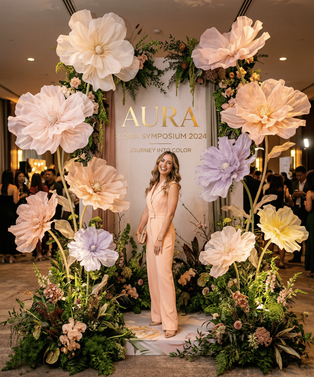 Décor événementiel avec fleurs géantes pastel et espace photo pour symposium floral.