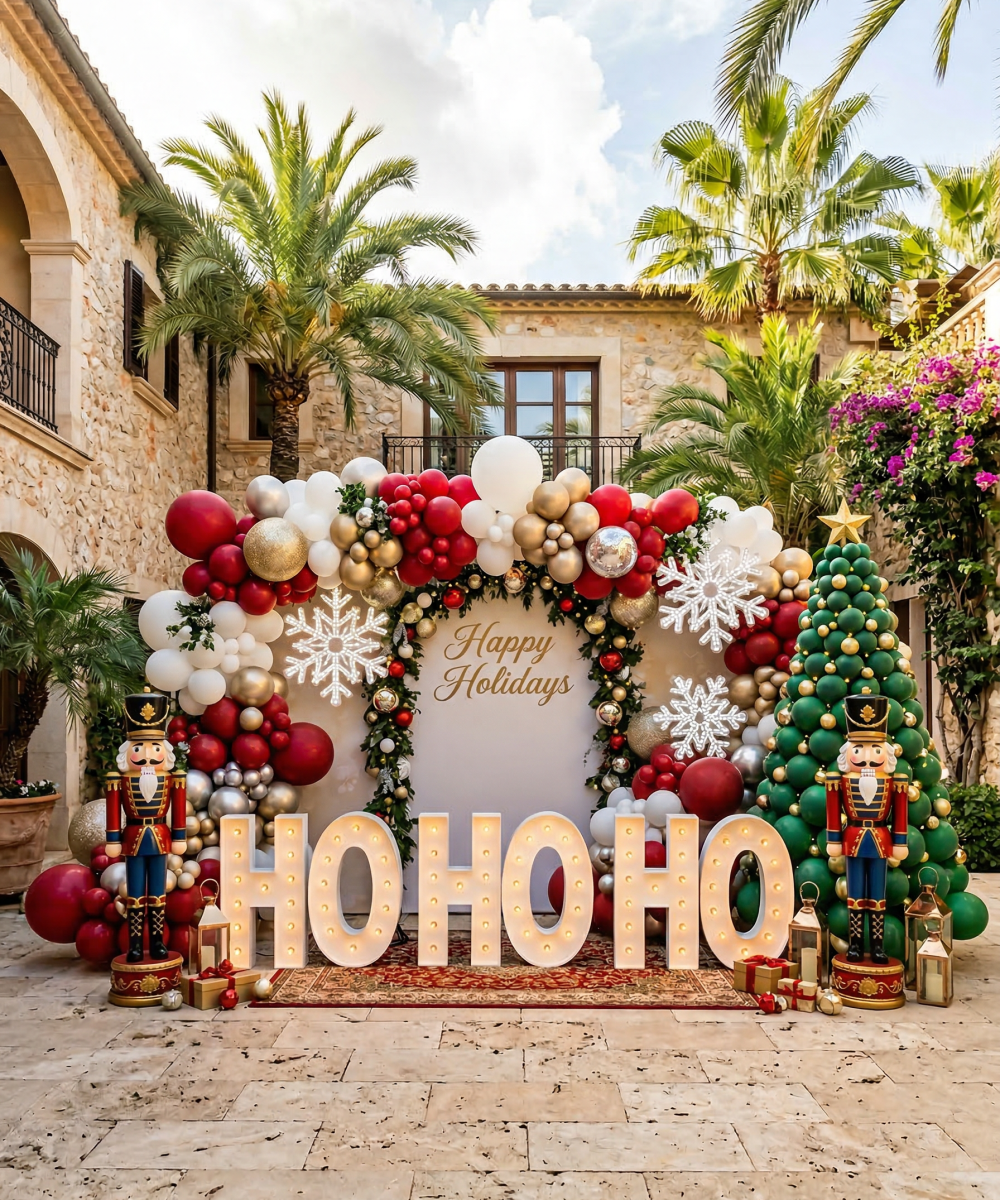 Décor de Noël avec lettres lumineuses HO HO HO pour événement.