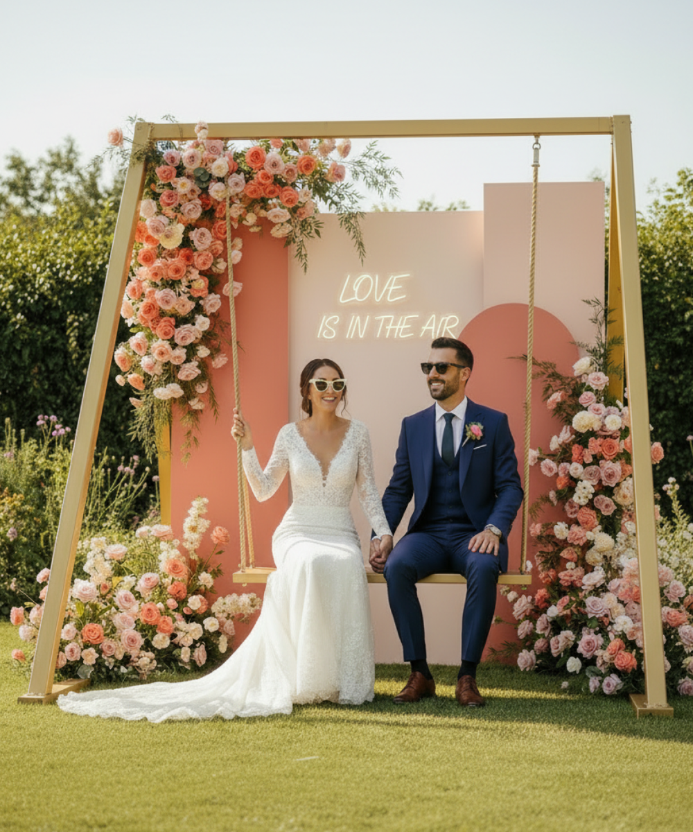 Mariés assis sur balançoire dorée décorée de fleurs avec néon “Love is in the air” dans jardin de réception.