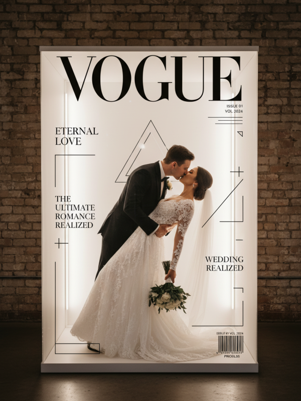 Mariés s’embrassant dans décor boîte lumineuse style couverture magazine mariage.