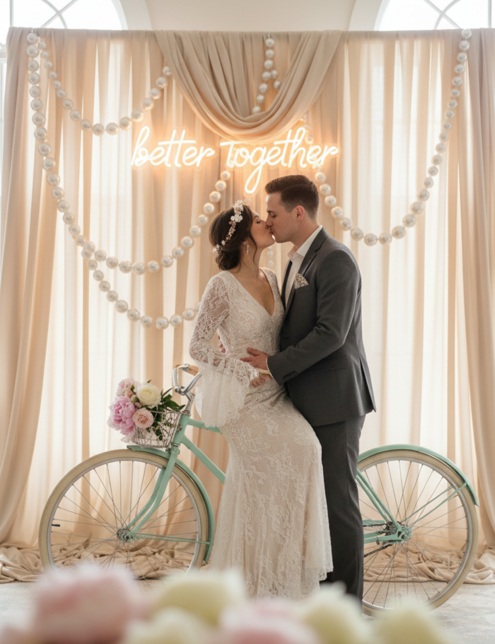 Couple de mariés s’embrassant devant un décor de mariage avec vélo vintage, rideaux drapés et néon lumineux, création scénographiée pour un photocall élégant.