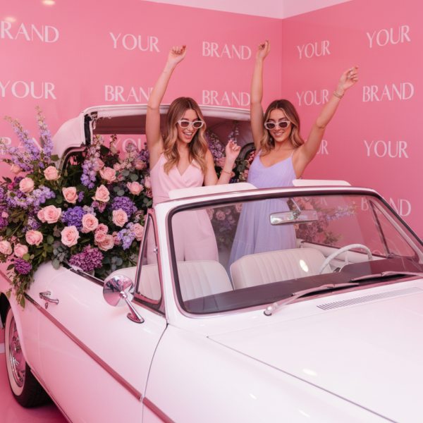 Décor événementiel sur mesure avec voiture vintage fleurie servant de photocall lors d’une activation de marque, dans un univers rose immersif et photogénique.